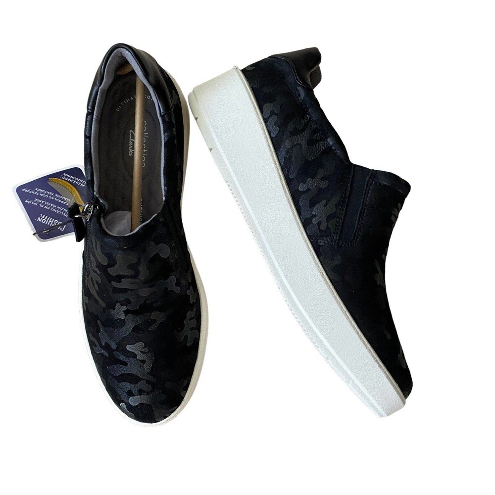 Clarks SZ 8.5 Collection Slip-On Sneakers Layton Step Black Camo NIB NEW